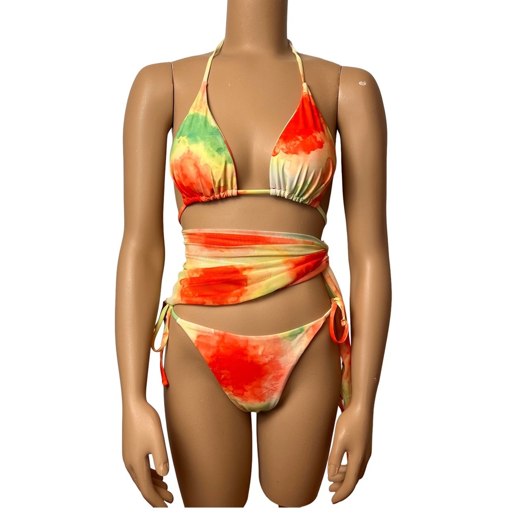 NWOT Pink, Yellow, Green Tie Dye Sexy Triangle Bikini w Waist Wrap - Size L